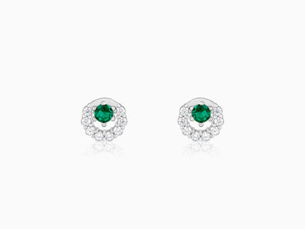 Silver Emerald Green Halo Stud Earrings