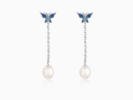 Silver Butterfly Pearl Dangle Earrings