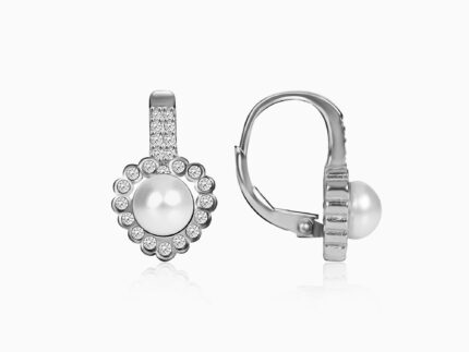Silver Zircon Pearl Heart Earrings