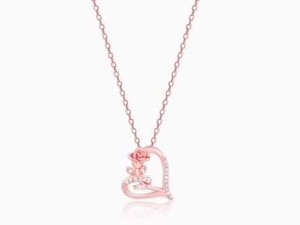 Rose Gold Rose In Heart Pendant with Link Chain