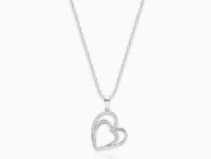 Silver Zircon Double Heart Pendant with Link Chain