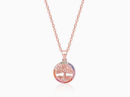 Rose Gold Rainbow Tree of Life Pendant with Link Chain