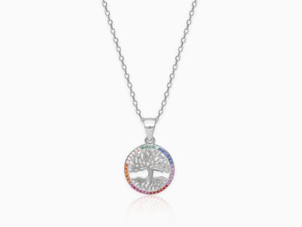 Silver Rainbow Tree of Life Pendant with Link Chain