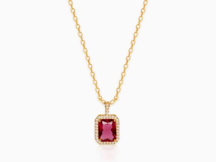 Golden Ruby Red Baguette Pendant with Link Chain