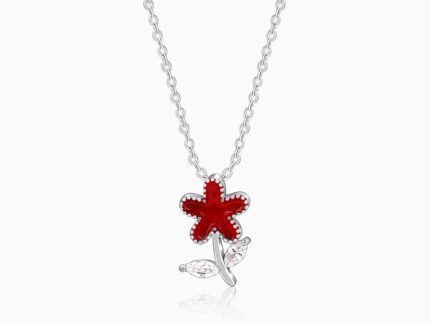 Silver Red Flower Kids Pendant With Link Chain