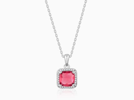 Silver Pink Square Pendant With Link Chain