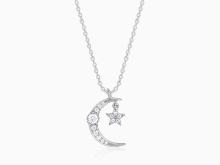 Silver Crescent Moon Star Pendant with Link Chain