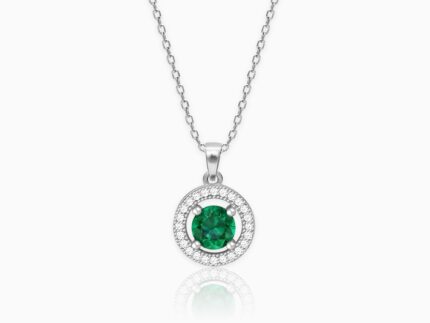 Silver Forest Green Shining Halo Pendant With Link Chain