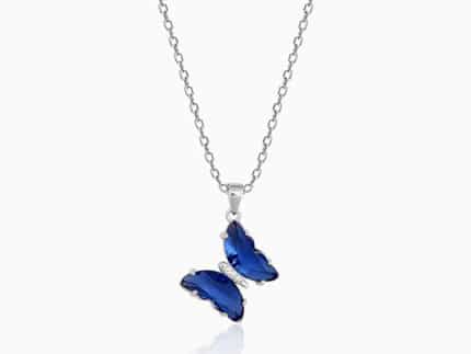Silver Midnight Blue Butterfly Pendant With Link Chain
