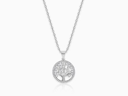 Silver Zircon Tree of Life Pendant with Link Chain