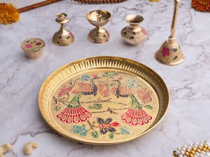Brass Peacock Meenakari Pooja Thali (8 Inch)