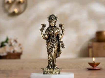 Brass Lakshmi Idol Standing on Lotus (6 Inch)