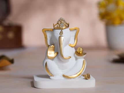 Elegant White & Gold Mukut Ganesh Idol For Car Dashboard (3.5 Inch)