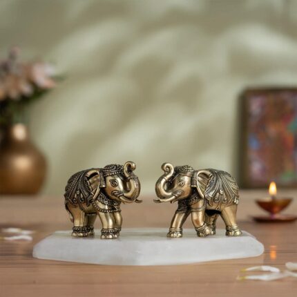 Brass Vastu Trunk Up Brass Elephant Statue Pair (2 Inch)