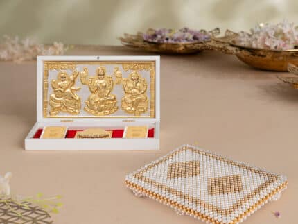 Ganesh Lakshmi Saraswati Pocket Temple - Gold Coated (Small) with White & Gold Pearl Pooja Chowki (9 Inch) - Combo
