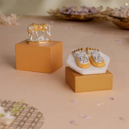Kamdhenu Cow with Calf Idol - Gold & Silver Plated (2.5 inch) with Maa Lakshmi's Charan Paduka - Gold & Silver Plated (3 Inch) - Combo