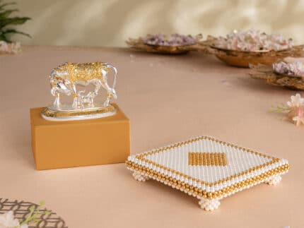 Kamdhenu Cow with Calf Idol - Gold & Silver Plated (3.5 Inch) with White & Gold Pearl Pooja Chowki (7 Inch) - Combo