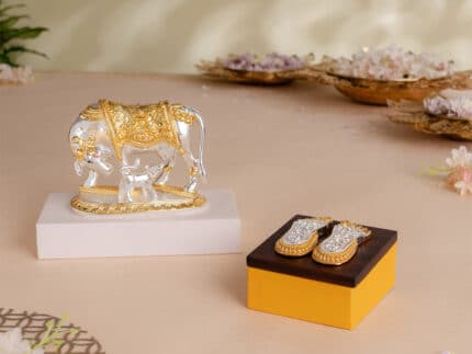 Kamdhenu Cow with Calf Idol - Gold & Silver Plated (5 Inch) with Maa Lakshmi's Charan Paduka on Elegant Base - Gold & Silver Plated - Combo