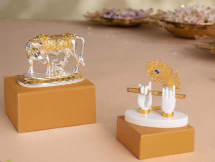 Kamdhenu Cow with Calf Idol - Gold & Silver Plated (3.5 Inch) with Lord Krishna's Divine Hands Idol For Car Dashboard - Gold Plated (3.5 Inch) - Combo