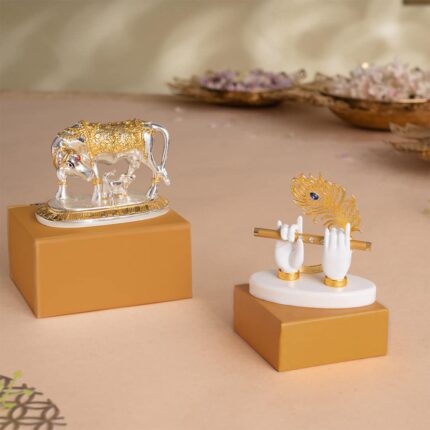 Kamdhenu Cow with Calf Idol - Gold & Silver Plated (3.5 Inch) with Lord Krishna's Divine Hands Idol For Car Dashboard - Gold Plated (3.5 Inch) - Combo