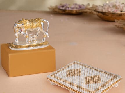 Kamdhenu Cow with Calf Idol - Gold & Silver Plated (5 Inch) with White & Gold Pearl Pooja Chowki (9 inch) - Combo