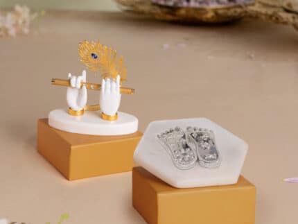 Lord Krishna's Divine Hands Idol - Gold Plated (3.5 Inch) with Shree Krishna's Charan Paduka (Lotus Feet) - Silver Plated (3 Inch) - Combo