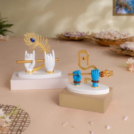 Lord Krishna's Divine Hands Idol - Gold Plated (7 Inch) with Shivji Divine Hands Idol For Car Dashboard - Gold Plated (5 Inch) - Combo