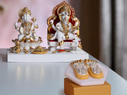 Maa Lakshmi's Charan Paduka - Gold & Silver Plated (3 Inch) with Exquisite White & Gold Lakshmi Ganesh Murti (6 inch) - Combo