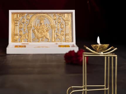 Svastika Nav Durga Pocket Temple - Gold Coated (Small) with Brass Maa Symbol Diya (5 Inch) - Combo