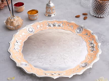 Peach Enamel German Silver Pooja Thali Set (12 Inch)