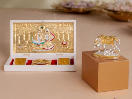 Kamdhenu Cow with Calf Idol - Gold & Silver Plated (2.5 inch) with Svastika Radhe Krishna Pocket Temple - Gold Plated (Small) - Combo