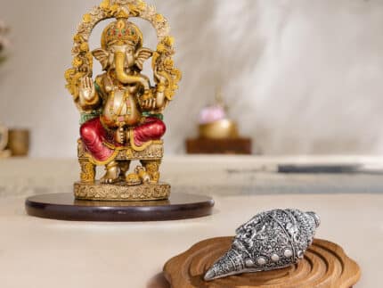Rustic Ganesha Antique Murti (10 Inch) with Ganesh Shankh (Conch) - Silver Plated (5 Inch) - Combo