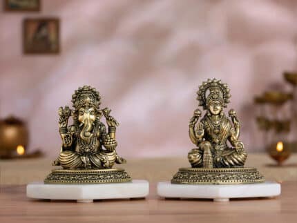 Brass Four-Armed Lakshmi Ganesh Murti Pair (4 Inch)