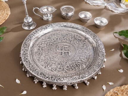 Swastik Engraved Pooja Thali -Silver Plated (10 Inch)