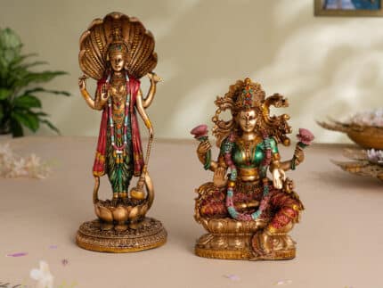 Lord Vishnu Standing Antique Idol (12 Inch) with Goddess Lakshmi Maa Antique Murti (10 Inch) - Combo