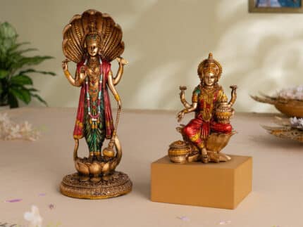 Lord Vishnu Standing Antique Idol (12 Inch) with Goddess Lakshmi Antique Idol (7 Inch) - Combo