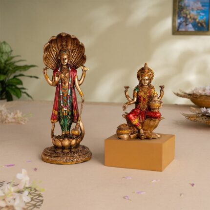 Lord Vishnu Standing Antique Idol (12 Inch) with Goddess Lakshmi Antique Idol (7 Inch) - Combo