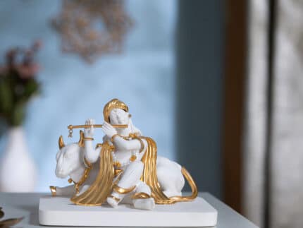 Luxurious White & Gold Lord Krishna With Cow Idol (5.5 Inch)