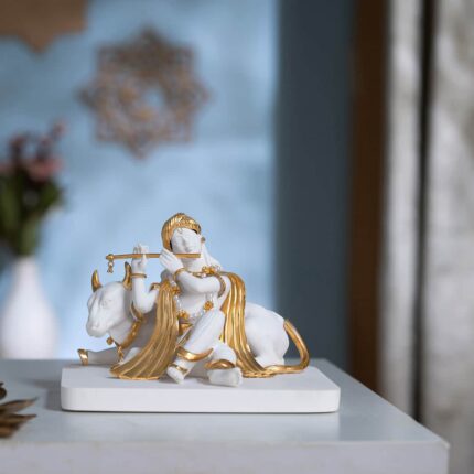 Luxurious White & Gold Lord Krishna With Cow Idol (5.5 Inch)