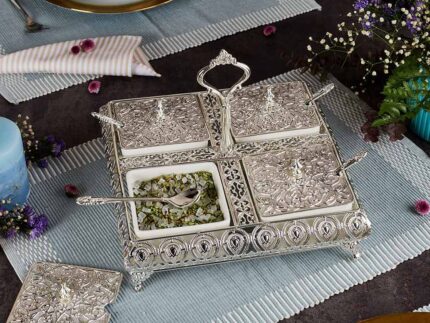 Mukhwas Bowl with Tray - German Silver Plated (Four Bowl)