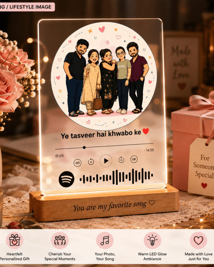 Personalised song plaque with custom couple and friends photo on glowing LED wooden base – gift idea