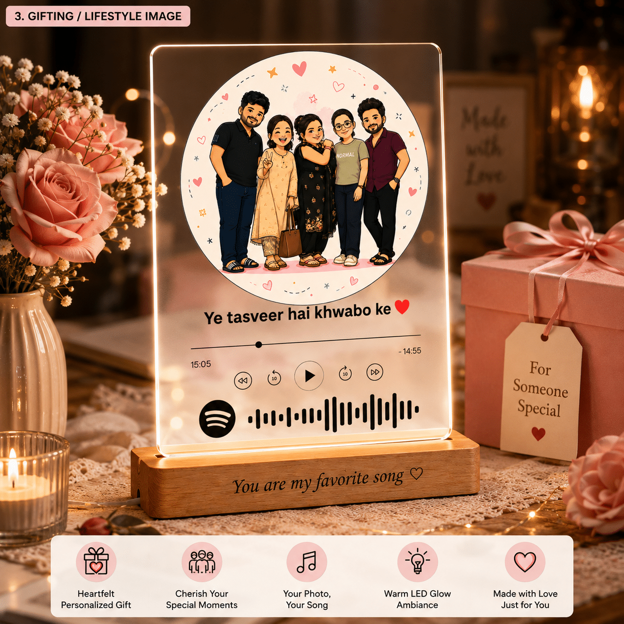 Personalised song plaque with custom couple and friends photo on glowing LED wooden base – gift idea