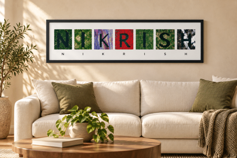 Personalised name satellite wall art in black frame hanging above sofa