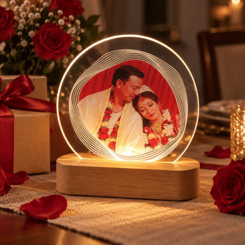 Round acrylic photo LED lamp with a wedding couple photo, glowing on a wooden base