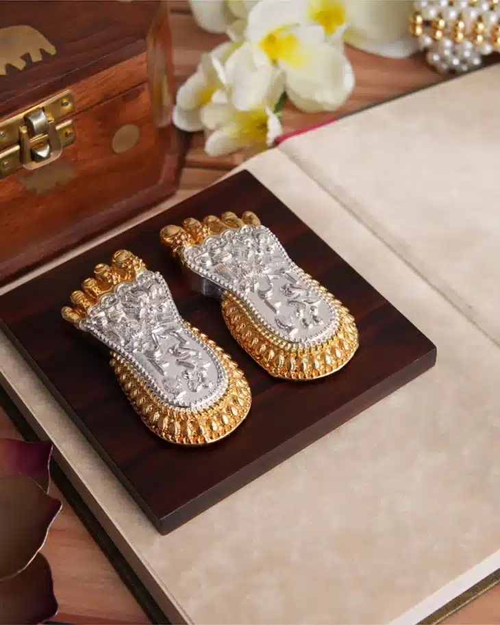 Maa Lakshmi Charan Paduka gold and silver plated 3 inch on elegant base