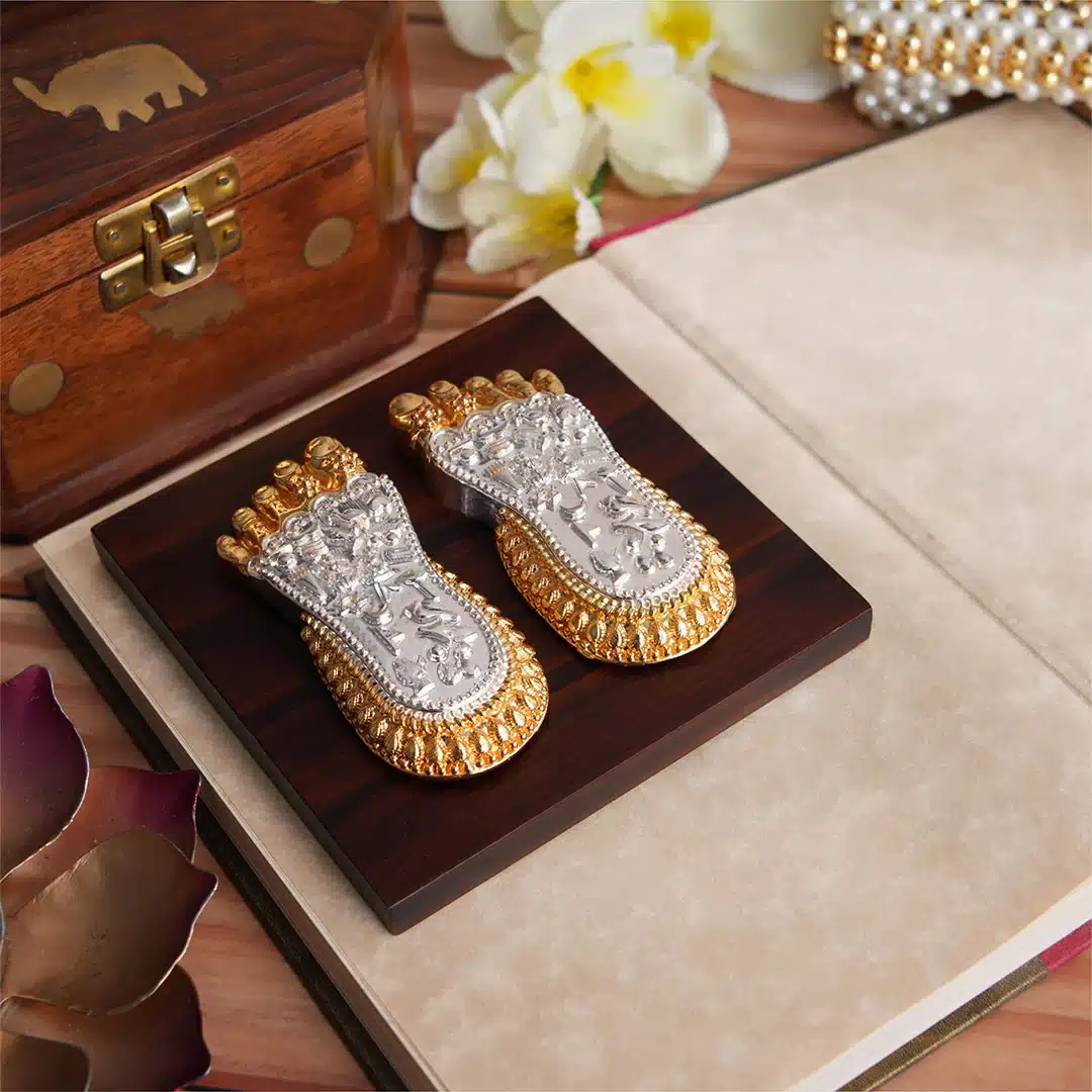 Maa Lakshmi Charan Paduka gold and silver plated 3 inch on elegant base