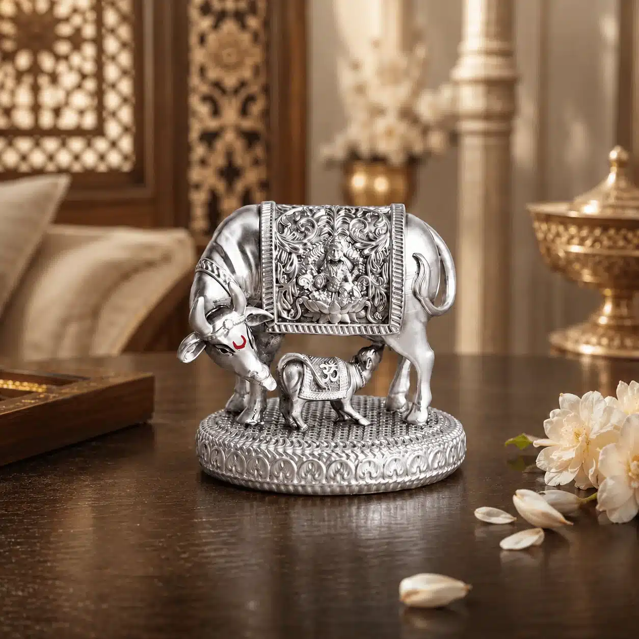 Silver Plated Kamdhenu Cow Idol with Calf for Pooja Room