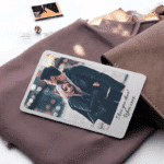 Personalised metal wallet card with couple photo and engraved message