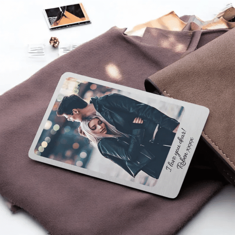 Personalised metal wallet card with couple photo and engraved message