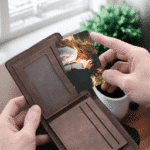 Custom photo wallet card being placed in a leather wallet